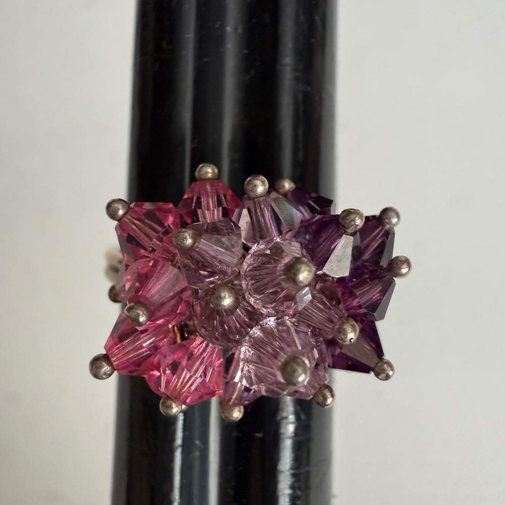 Vibrant Cha Cha Cluster Sterling Silver Pink , Lavender and Purple Crystal Ring - Picture 3 of 13